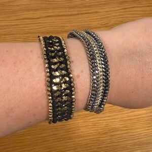 Stella & Dot Black and Silver Gold Metallic Beaded Bracelets Set Bundle of 2